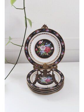 Vintage Floral Porcelain Salad Plates With Gold Trim - Set Of 8 - Black Pink & B